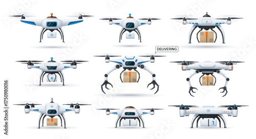 Collection of Modern Delivery Drones with Cargo Packages.