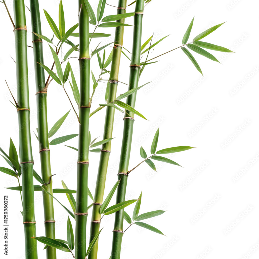 Obraz premium Fresh green bamboo stems and leaves isolated on transparent background