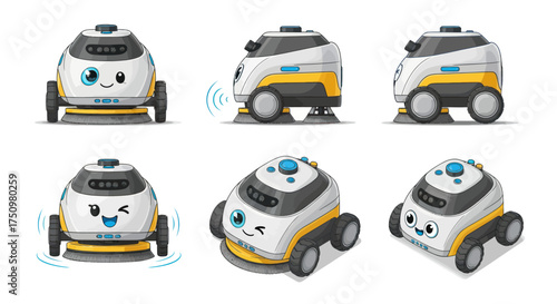 Collection of Cute Autonomous Cleaning Robots with Animated Facial Expressions.