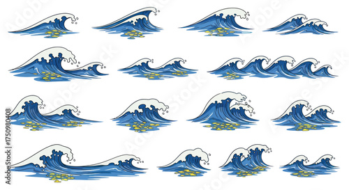 Collection of Dynamic Blue Ocean Waves with White Foam Crests.