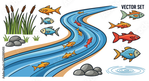 River with Fish and Aquatic Plants Vector Illustration Set.