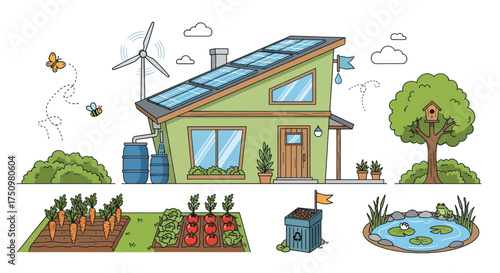 Eco-friendly house with solar panels wind turbine and garden.
