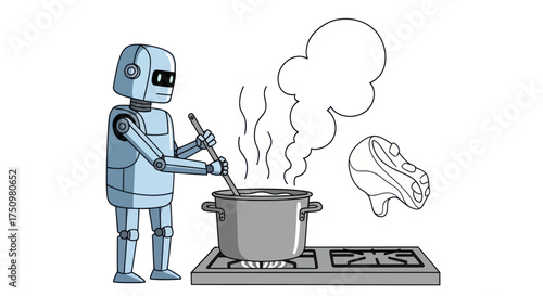 Cartoon robot cooking a meal on a stove with steam rising.