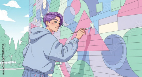 Young artist with purple hair painting a colorful geometric mural on a brick wall outdoors.