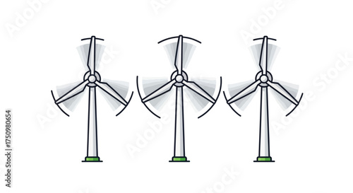 Three Stylized Wind Turbines Generating Clean Energy.