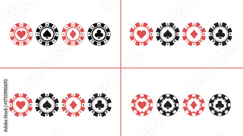 Poker Chips Icons Vector Set, Gambling Tokens with Suits, Online Casino, Spades Hearts Diamonds Clubs, Betting Game