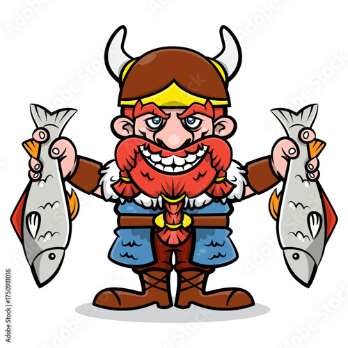 A Funny Cartoon of Viking King with Braided beard wearing horned helmet, shoulder fur, and armor. Catching Salmon fish with his hand. Best for sticker, logo, and mascot with healthy food theme
