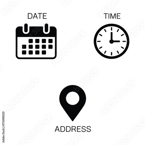 Calendar clock and location pin icons representing date time and address information
