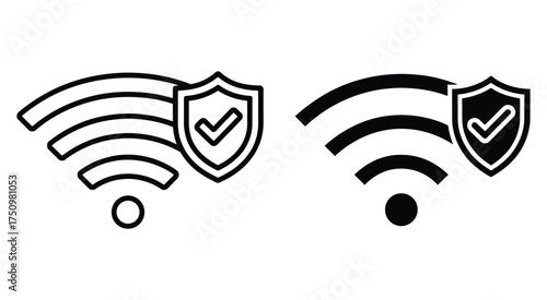 Two stylized icons representing secure wireless internet connection with checkmarks inside shields