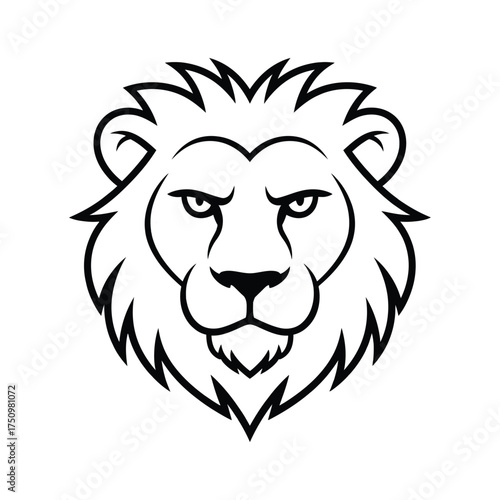 Bold black and white illustration of a fierce lion head with a prominent mane
