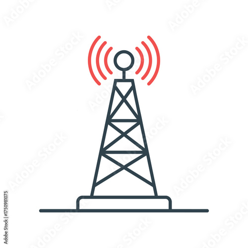 Modern communication tower broadcasting signals with red waves representing wireless transmission