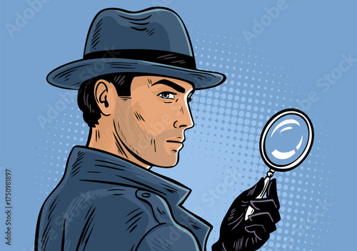 Male detective portrait with magnifying glass pop art profile
