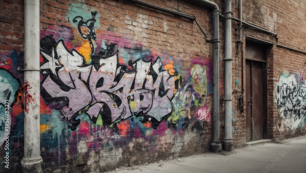 Fototapeta premium Alley brick wall covered in colorful graffiti, with a door and pipes