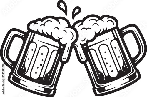 detail, black and white vector illustration of two frothing beer mugs clinking in a celebratory toast. Ideal for Oktoberfest, pub menus, bar logos, happy hour promotions, and friendship concepts.