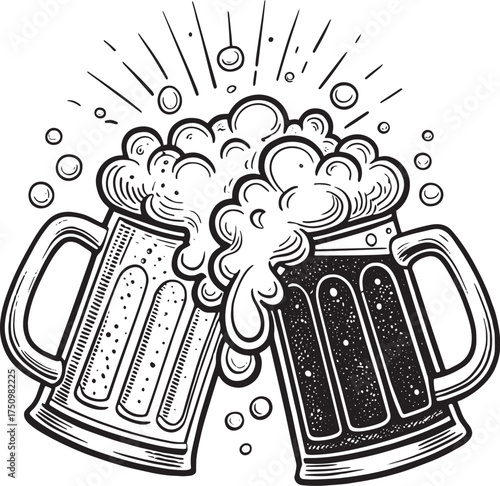 High-detail, black and white vector illustration of two frothing beer mugs clinking in a celebratory toast. Ideal for Oktoberfest, pub menus, bar logos, happy hour promotions, and friendship concepts.
