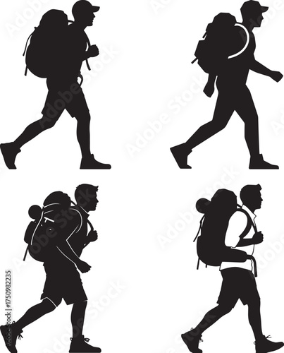 Set of four black silhouette vectors showing a male hiker or backpacker walking with a large rucksack. This versatile line art graphic symbolizes adventure, travel, trekking, exploration, and an outdo