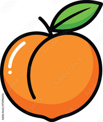 Cute, colorful vector illustration of a ripe peach with a bright green leaf. This modern flat design style graphic is perfect for food and drink themes.