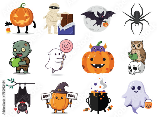 Collection of various Halloween-themed illustrations, including pumpkins, ghosts, bats, and other spooky elements.