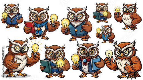 Cute cartoon owls with glasses holding light bulbs representing bright ideas and wisdom ready for educational resources and whimsical designs