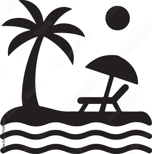 Minimalist Tropical Beach Silhouette with Palm Tree, Chair, and Sun Vector Illustration 