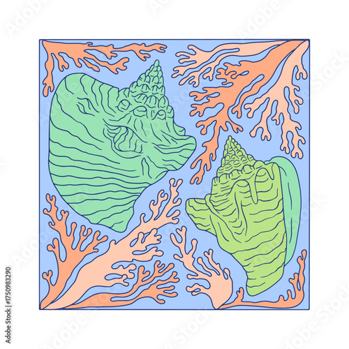 Art nouveau pastel conch shells in frame of seaweed or corals hand drawn vector illustration