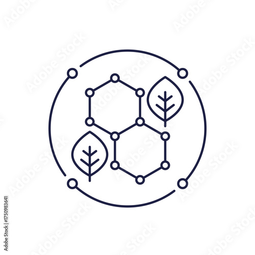 Biomaterial icon with molecule and leaves in line design