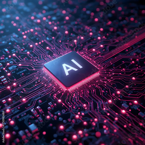 A macro view of a green computer circuit board or motherboard shows electronic components and the CPU processor chip, representing digital technology and data engineering