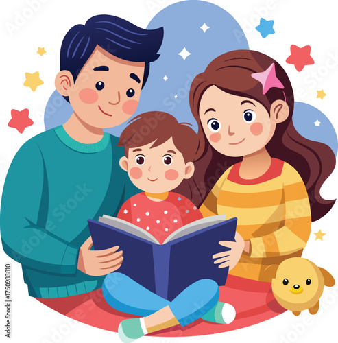 Parents Reading Bedtime Story to Child Cartoon Illustration