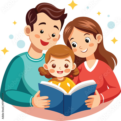Happy Parents Reading Storybook with Daughter Vector Illustration