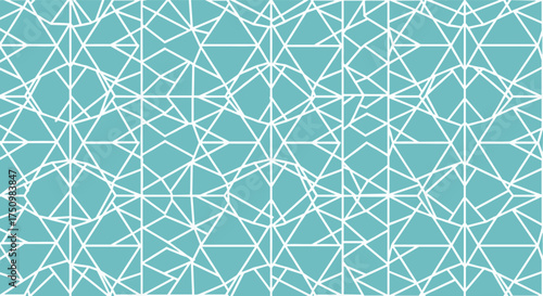 Geometric abstract pattern with overlapping lines and shapes on a teal background.