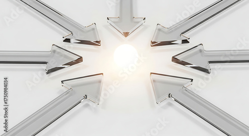 Minimalist 3D illustration of transparent glass arrows pointing toward a glowing center, symbolizing focus, teamwork, and strategic alignment — ideal for business, leadership, and innovation presentat