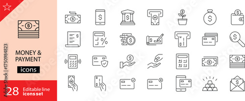 Money and payment icons set. Includes symbols of cash, credit cards, digital wallets, transactions, and financial security. Editable stroke. Vector illustration. Outline icons. Perfect for finance. 