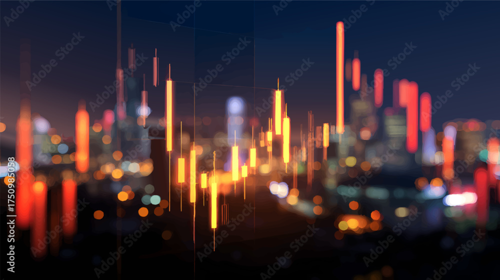 Tableau sur toile A digital stock market chart overlaying a blurred city skyline at night, showcas