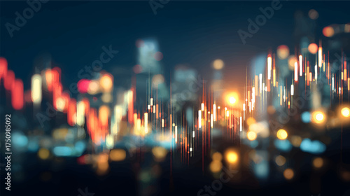A digital stock market chart overlaying a blurred city skyline at night, showcasing vibrant candlestick patterns with glowing lights