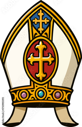Ornate Bishop Mitre Vector Illustration – Gold Cross Catholic Clergy Hat with Gems and Red Blue Accents