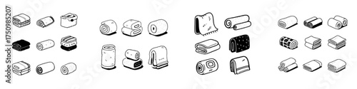 Collection of isometric hand-drawn towel icons in various folded and rolled states