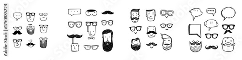 Hand drawn hipster face elements collection with beards mustaches and glasses