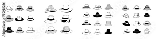 Collection of various summer and sun hats in black and white outline style