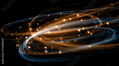 An abstract representation of swirling cosmic energy with blue and orange lines against a black background, evoking a sense of motion and depth in space