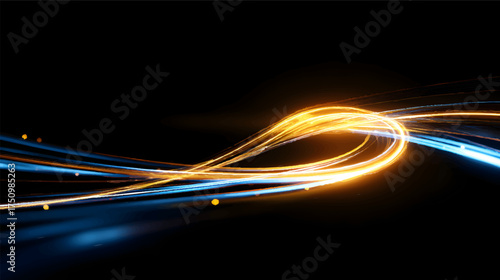 An abstract representation of swirling cosmic energy with blue and orange lines against a black background, evoking a sense of motion and depth in space