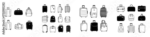 Assortment of travel luggage and bags in simple black and white outline style