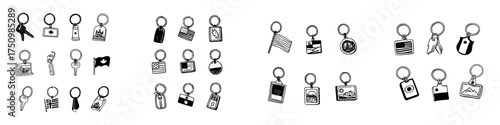 Collection of travel souvenir keychains with national symbols and landmarks