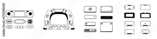 Collection of futuristic interface elements with sci-fi display frames and controls