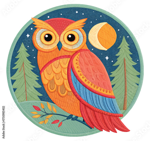 Whimsical owl perched beneath a crescent moon in a magical forest, a vibrant emblem perfect for nature lovers and fantasy designs, inviting enchantment