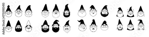 Diverse garden gnome faces showing various expressions and emotions