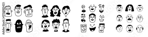 Collection of diverse hand drawn cartoon faces expressing various emotions