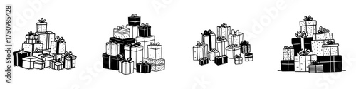 Collection of stacked gift boxes with bows in black and white outline style