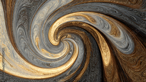 A swirling abstract pattern featuring gold and gray tones, creating a dynamic and fluid visual effect