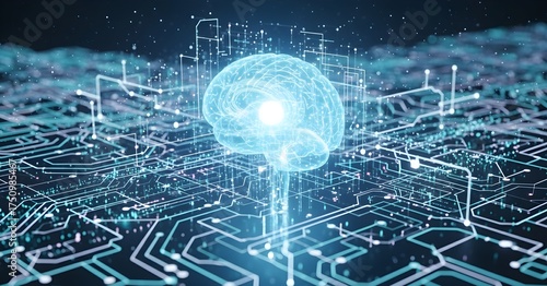 Futuristic AI Digital Brain on Circuit Board Background with Cyber Network Data Flow