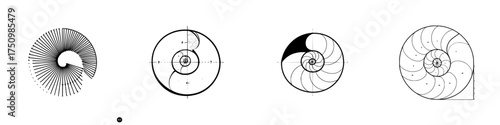 Golden ratio spiral construction diagrams illustrating logarithmic growth patterns